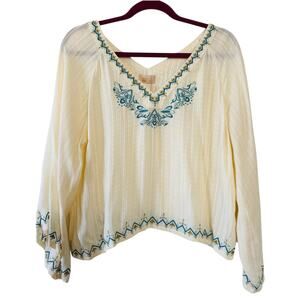 Nekane Bloom Embroidered Boho Floral Cream Blouse Women’s Large Flowy V-Neck NWT
